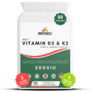 Britwell Health Vitamin D3 K2 Capsules - 3000 IU Vitamin D3 & 100µg Vitamin K2 (MK-7) - 90 Vegetarian Capsules - 3 Month Supply - High Strength Immune Support, Bone Health & Muscle Function Supplement Made in The UK