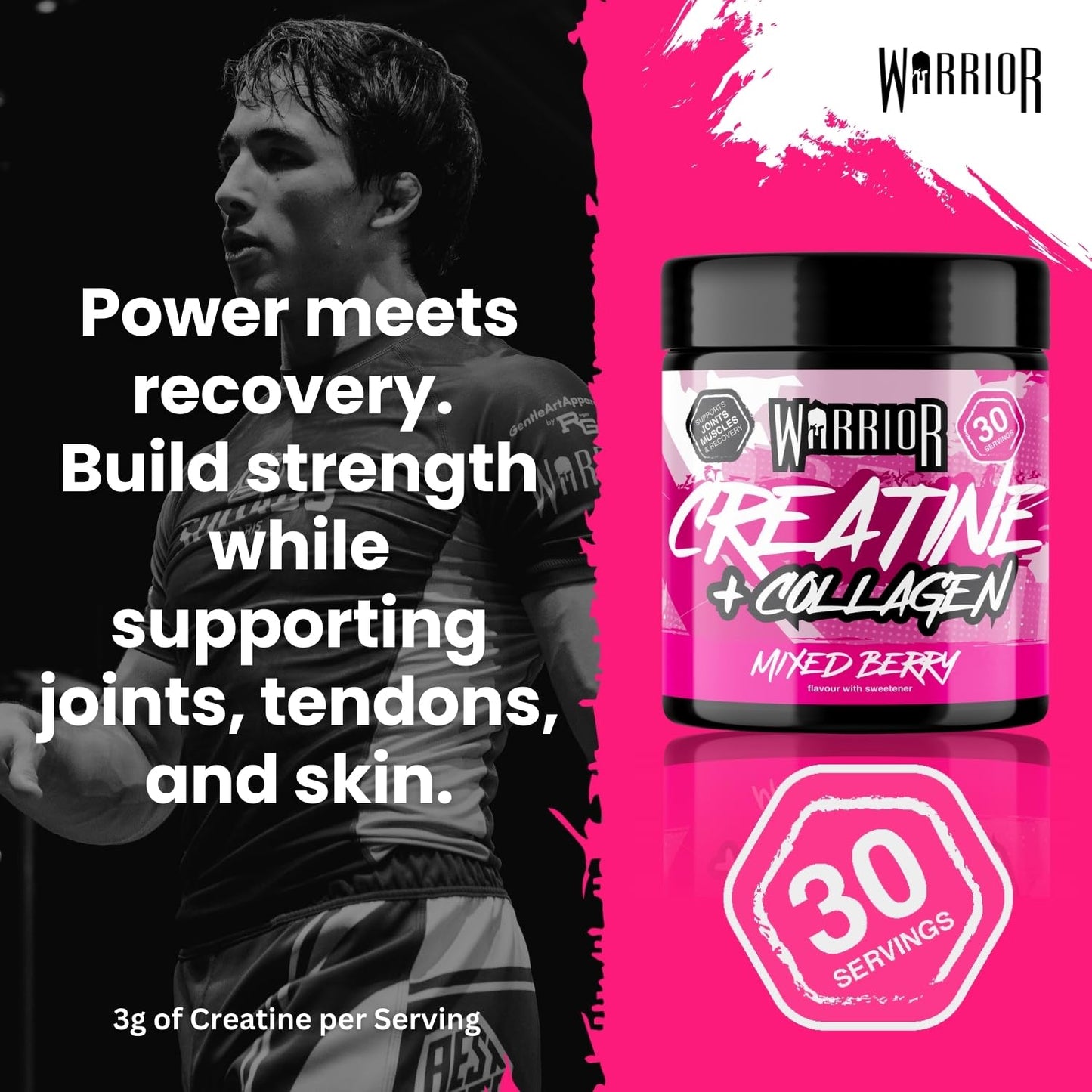 Warrior Creatine Monohydrate Powder + Hydrolysed Collagen Peptides 270g (30 Servings) – Micronised Creatine and Collagen Supplement for Muscle, Hair, Skin, Nails & Joints for Women – Mixed Berry