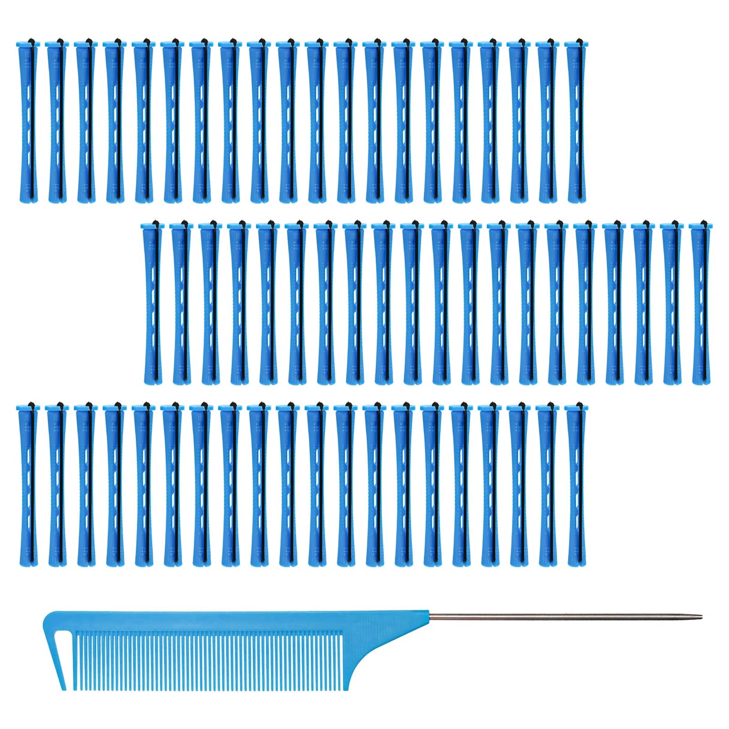 DBOO 60 pcs Small Perm Rods (0.35 Inch) with Tail Comb | Non-Slip Plastic Hair Curlers Rollers for Long & Short Hair | No Heat, Travel-Friendly Perm Kit for Home/Salon Use (Blue)