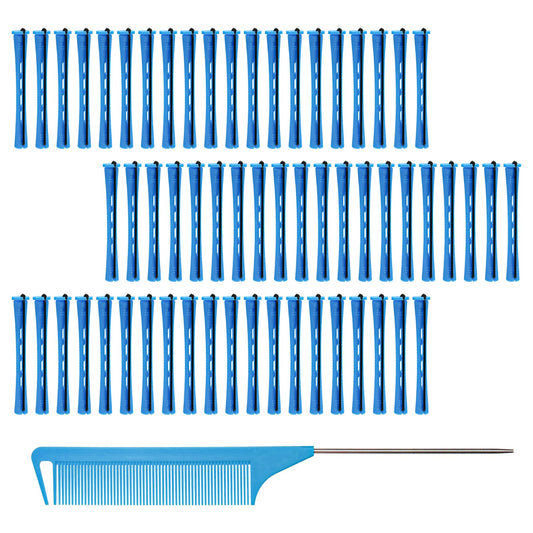 DBOO 60 pcs Small Perm Rods (0.35 Inch) with Tail Comb | Non-Slip Plastic Hair Curlers Rollers for Long & Short Hair | No Heat, Travel-Friendly Perm Kit for Home/Salon Use (Blue)