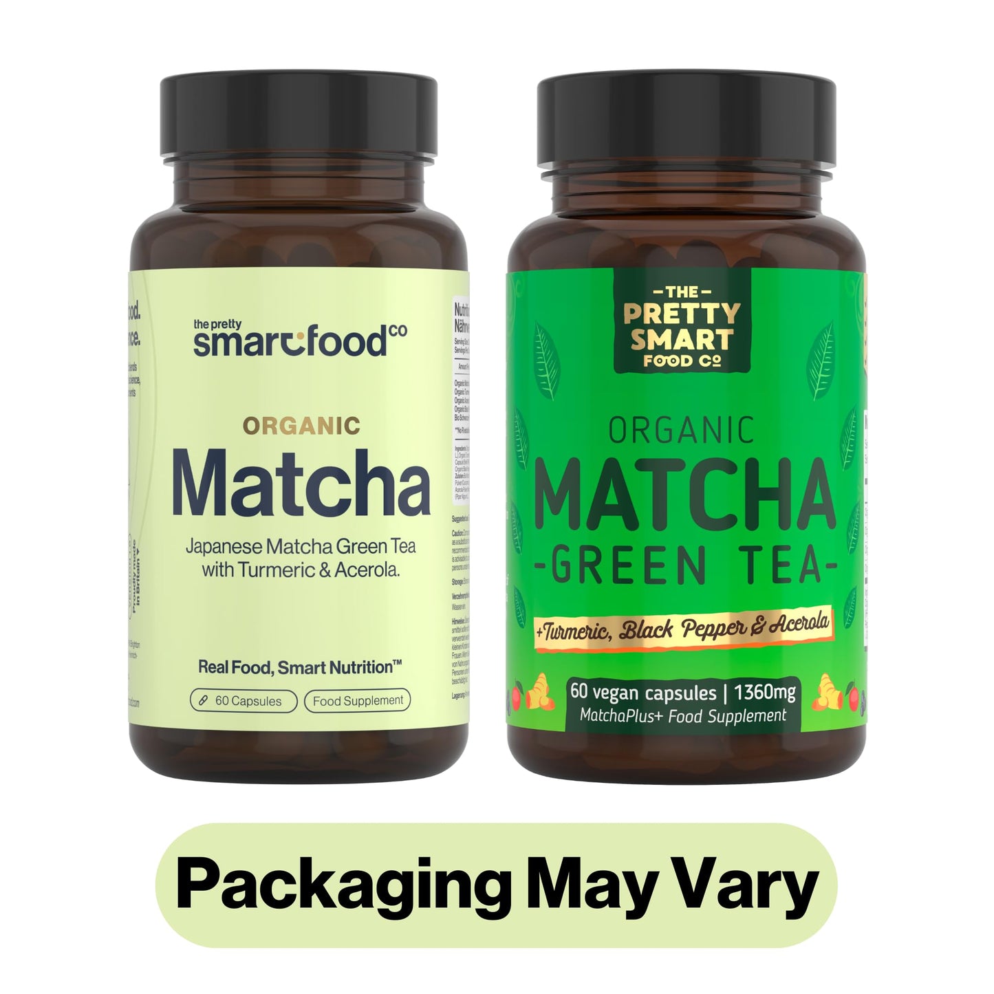 The Pretty Smart Food Co Green Tea Extract Capsules - Organic Matcha Green Tea Tablets - Boosted with Turmeric, Acerola Cherry & Black Pepper - 1360MG Complex - Green Tea Supplement - 60 Capsules - UK Made