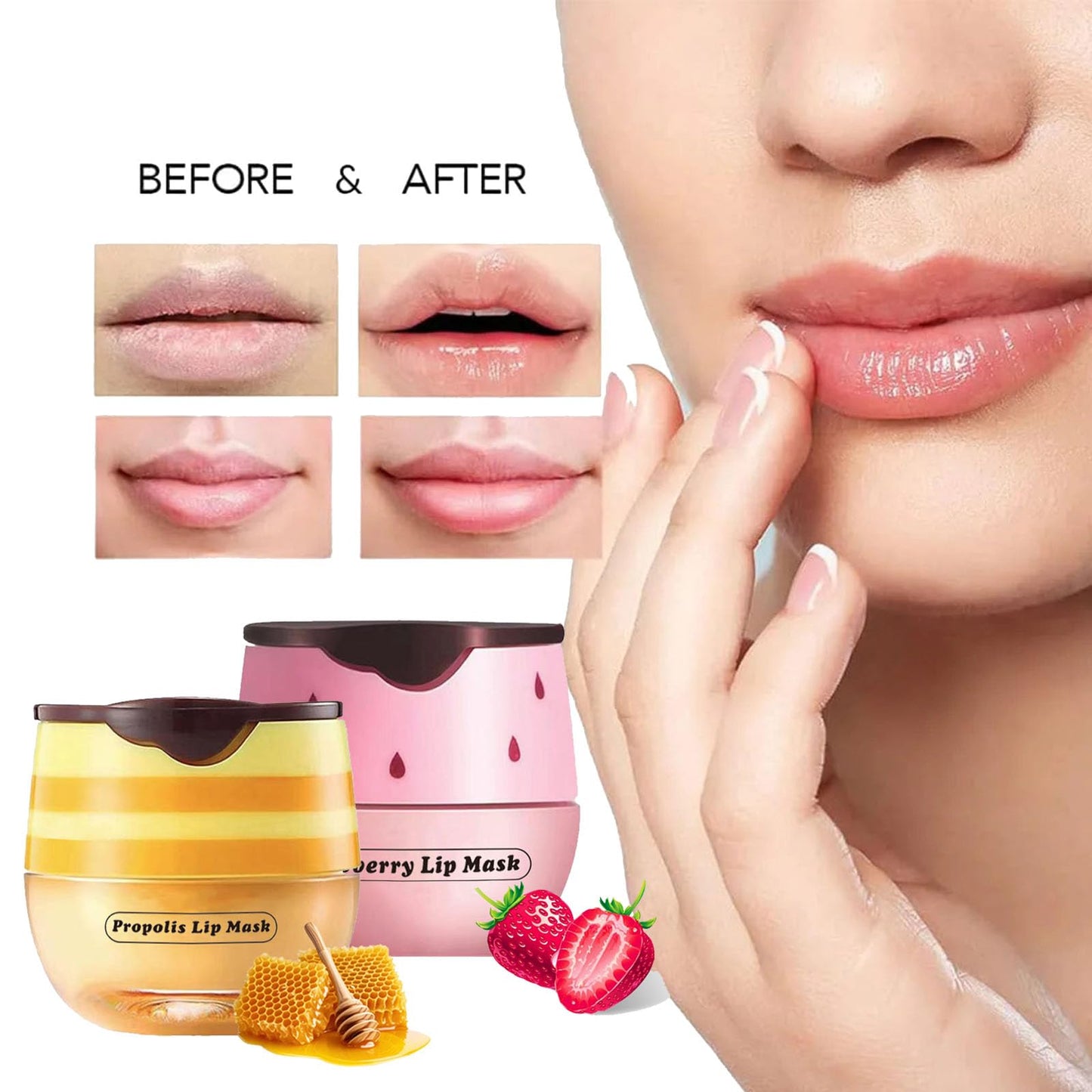 TUHOWEWZ Honey+Strawberry Balm Lip Mask Set, Moisturizing Lip Care With Natural Oils for Day & Night, Repair Honey Bee Lips Balm Reduce Lip Lines & Wrinkle