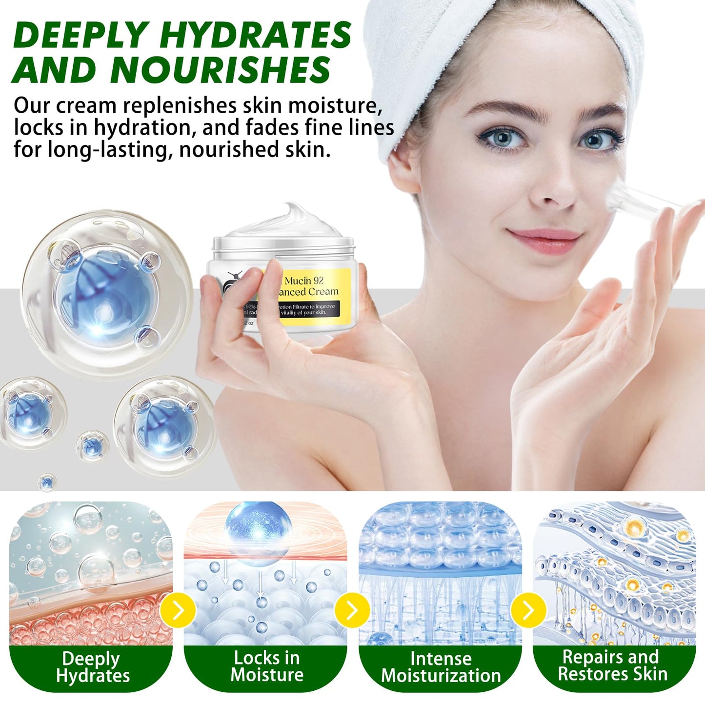 Snail Mucin 92% Advanced Cream Face Moisturizer, Deep Hydration & Nourishment Repair Cream, Advanced Cream for Dry & Sensitive Skin, Face & Neck Cream for All Skin Types, 100g / 3.52oz