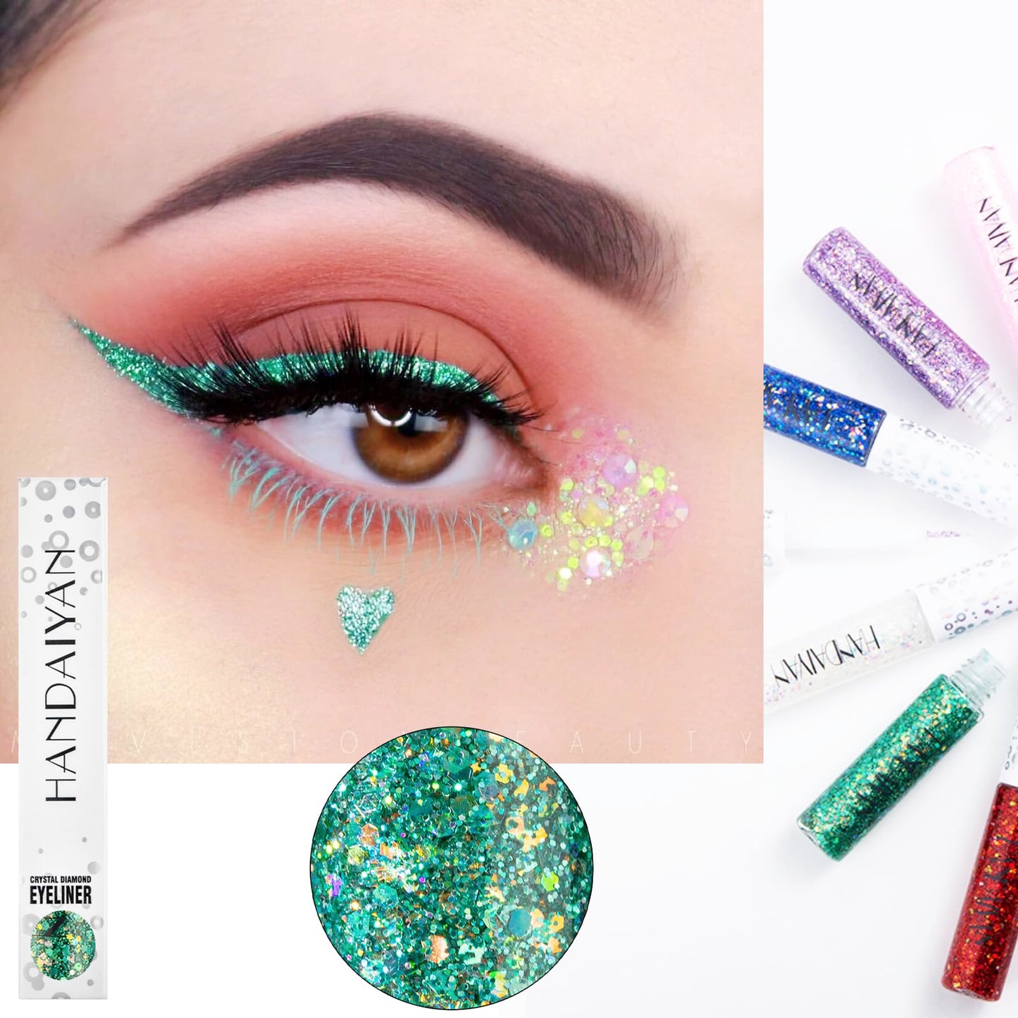 HAORQEE Green Eyeliner, Coloured Glitter Liquid Eye Liner Pencil Waterproof Long-Lasting Metallic Sparkling Fast Dry Smudge-Proof High Pigmented Christmas Gifts Eye Makeup for Women