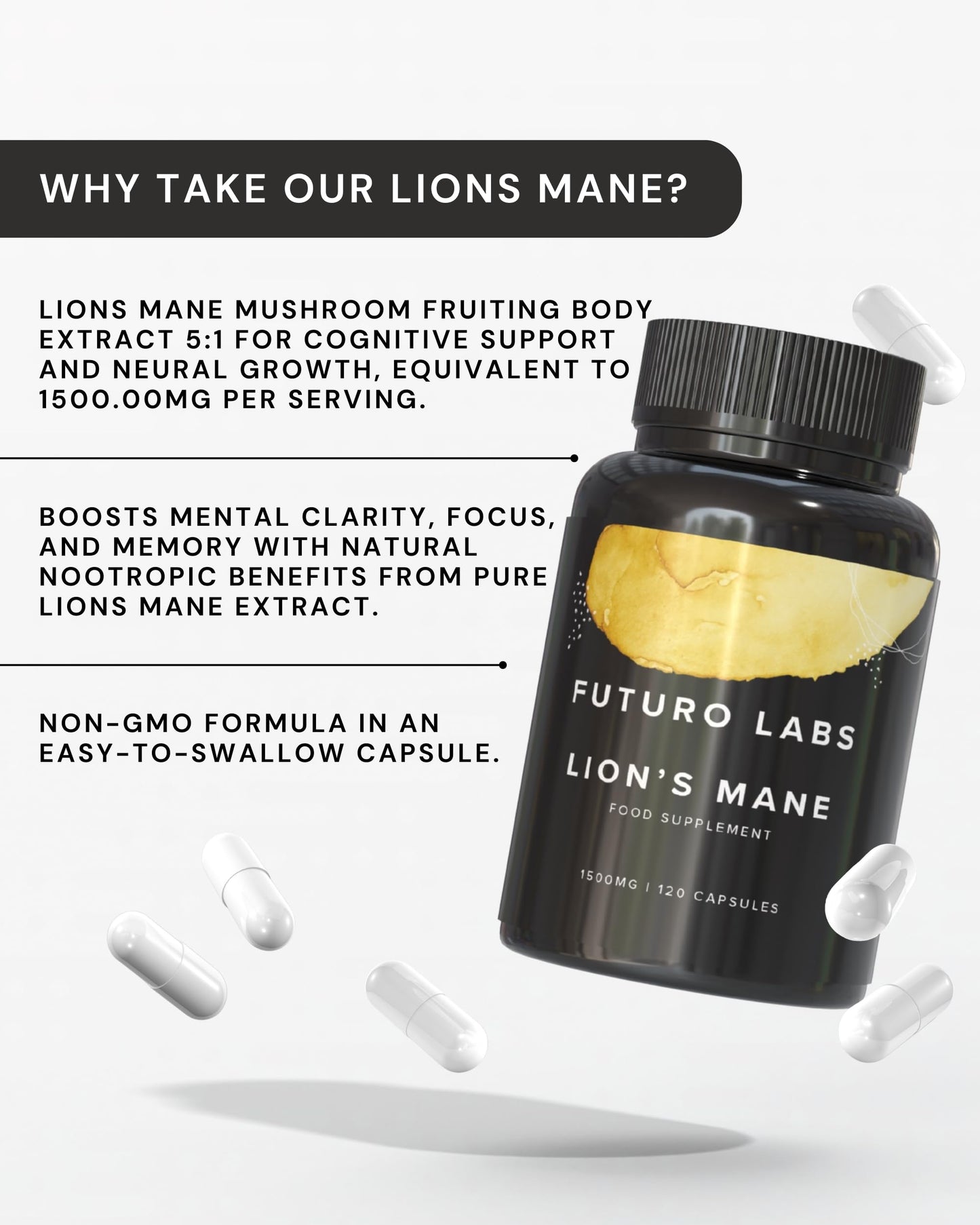 Lions Mane Supplement High Strength - 1500mg per Serving - Brain Fog/Cognitive Supplements by Futuro Labs - Lion’s Mane Mushroom Capsules (Vegan) - 120 Day Supply