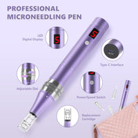QUELLE Professional Wireless Microneedling Pen Derma Pen with 16 Replacement Cartridges 5 Speeds Adjustable Micro Needling Microneedle Machine for Skin Care (Purple)