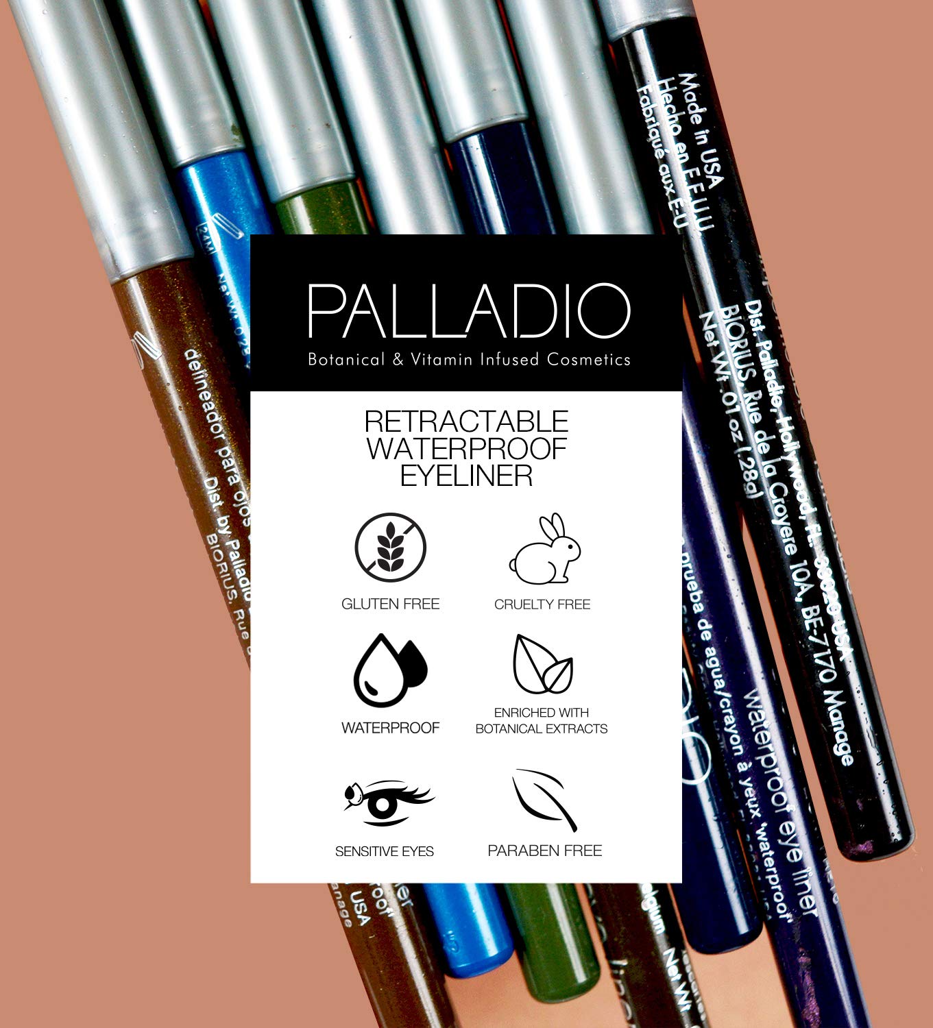 Palladio Retractable Waterproof Eyeliner, Richly Pigmented Color and Creamy, Slip Twist Up Pencil Eye Liner, Smudge Proof Long Lasting Application, All Day Wear, No Sharpener Required, Pure Black