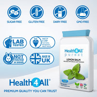 Health4All Lemon Balm 450mg 60 Capsules (V) (not Tablets) Purest- no additives, Vegan. Melissa for Anxiety, Stress and Sleep