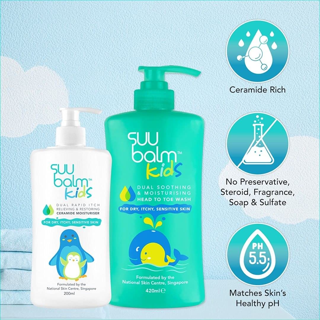 Suu Balm Kids - Soothing Moisturiser Cream Body Wash - Eczema, Psoriasis, Dry, Sensitive Skin Treatment (420ml)
