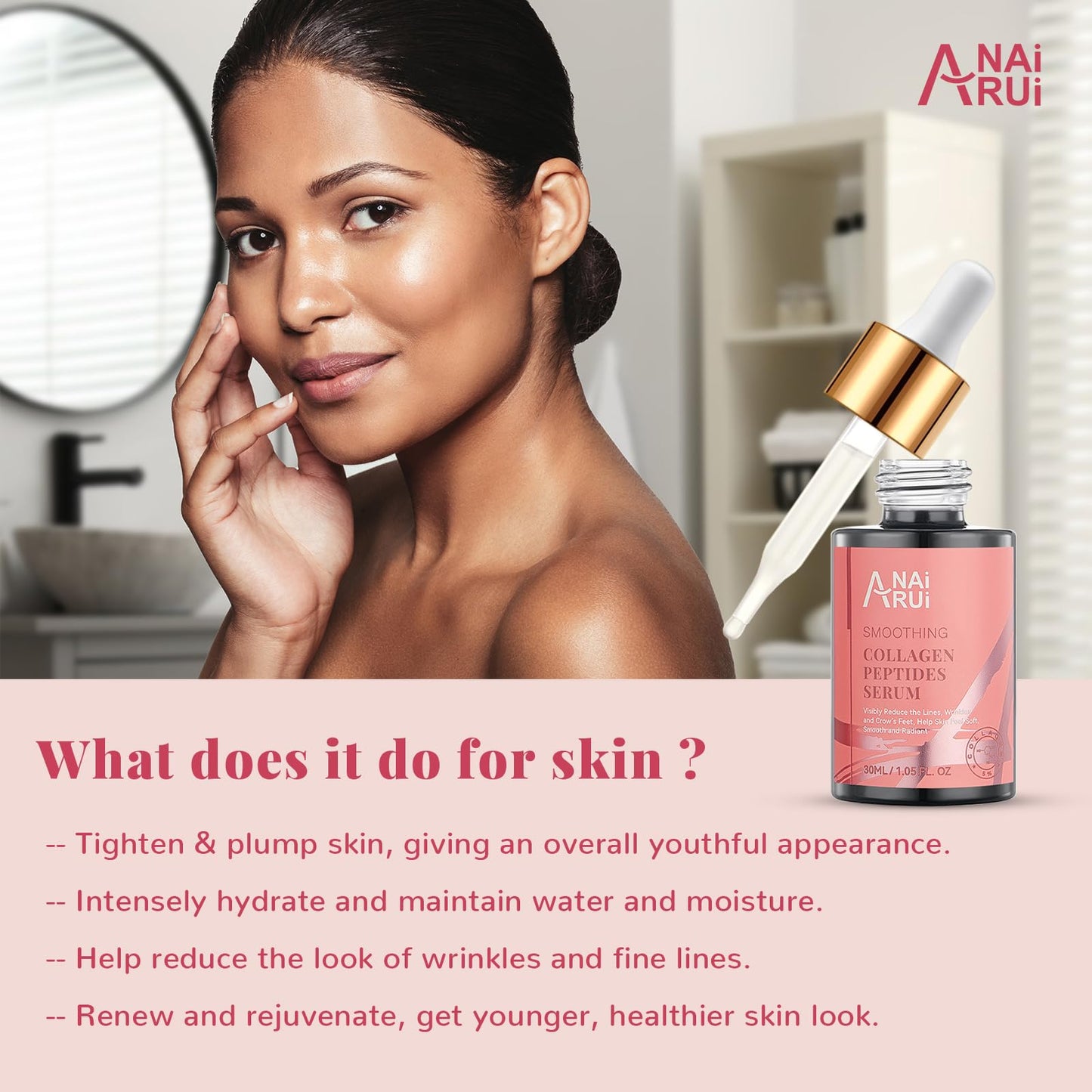 ANAiRUi Collagen Peptide Serum for Face with Hyaluronic Acid | Targets Fine Lines & Wrinkles | Plumps and Firms Skin | Anti-aging Collagen Serum for Face & Neck, 30ml