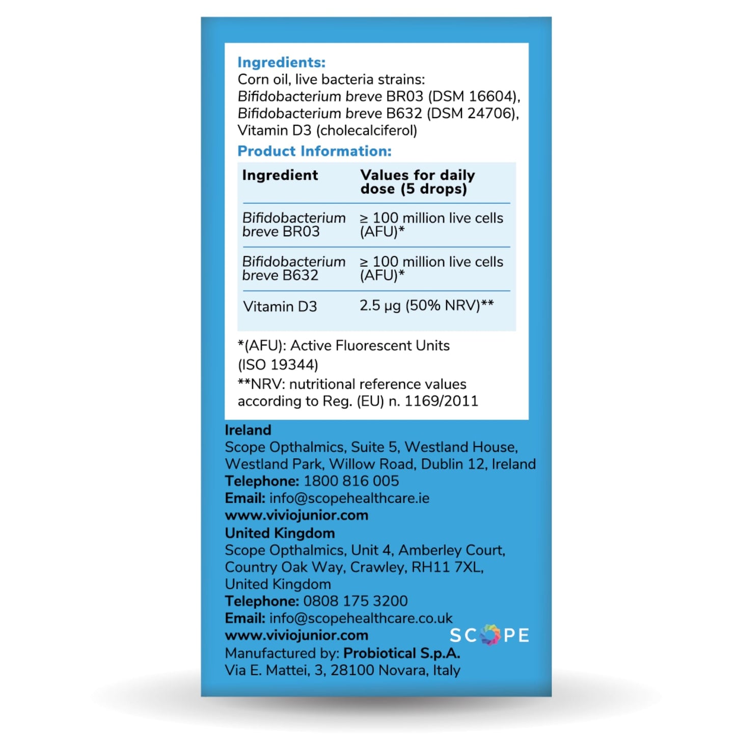 VIVIO JUNIOR Vivio Junior Tummies Bifibaby Drops - A Probiotic & Vitamin D3 Supplement for Babies & Children with Live Bacteria Strains to Support Gut Health and Immunity - 30 Day Supply