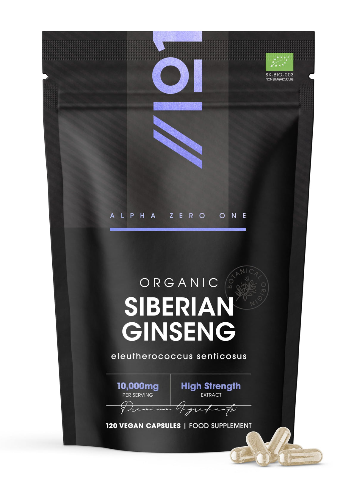 ALPHA01 Organic Siberian Ginseng 10,000mg - High Strength Eleutherococcus Senticosus 15:1 Extract - 120 Vegan Capsules – Resealable and Recyclable Pouch by Alpha01