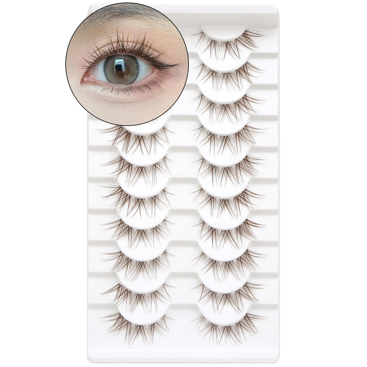 WUZIA 10 Pairs Brown Lashes Clear Band Manga Japanese Anime Cosplay Eyelashes Asian False Natural Look Like Individual Clusters (A02-Cat Eye 8-13mm)