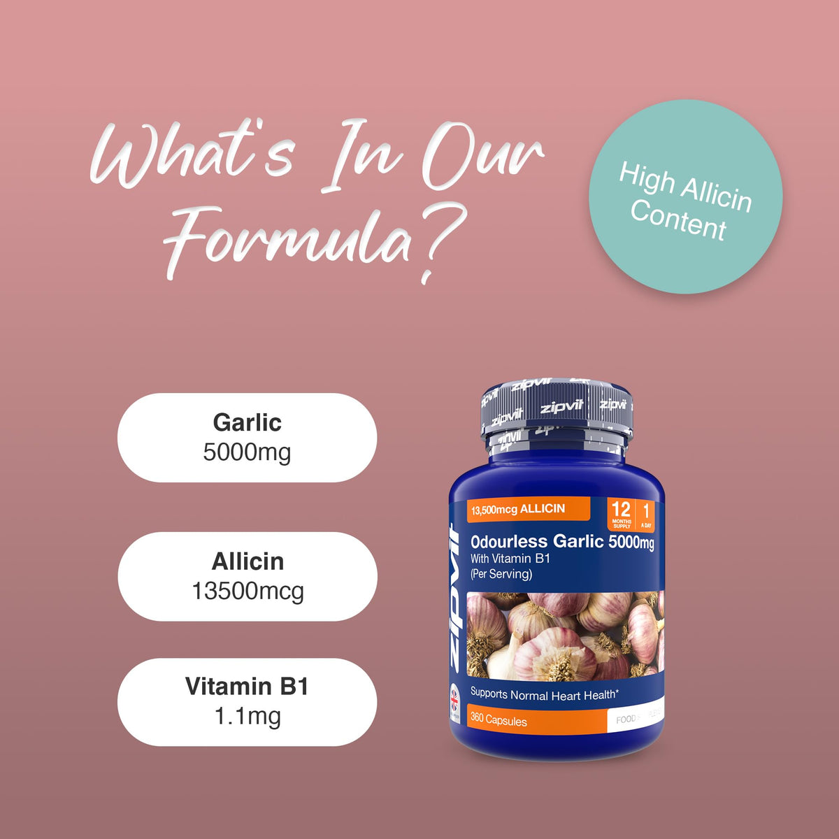 Zipvit Odourless Garlic Capsules 5000mg with Vitamin B1 – 360 Capsules (12 Month Supply) – 10mg 500:1 Garlic Extract