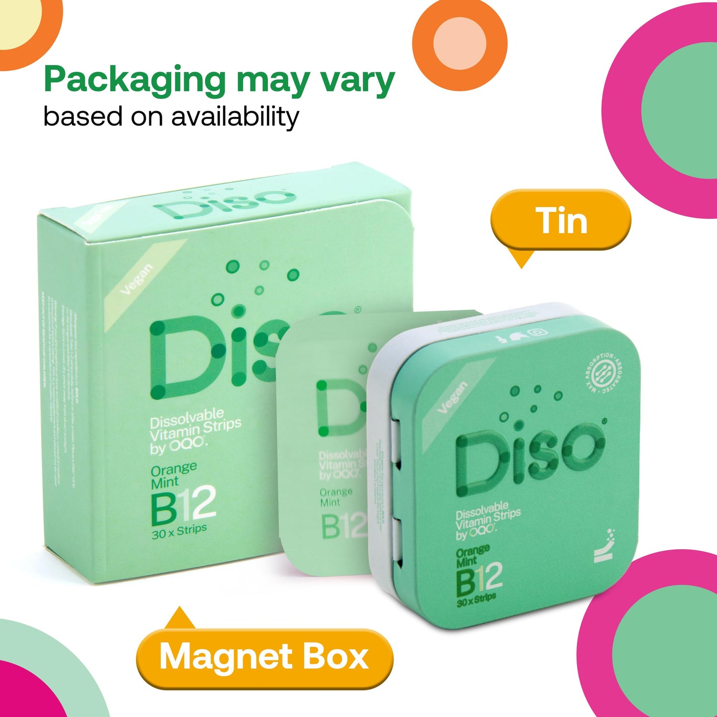 OQO Diso Vitamin B12 (1500mcg) Energy Supplement, Tin of 30 Oral Dissolvable Strips, Fast Absorption, Help Reduce Fatigue & Tiredness, Vegan, Sugar-Free - Orange Mint Flavour