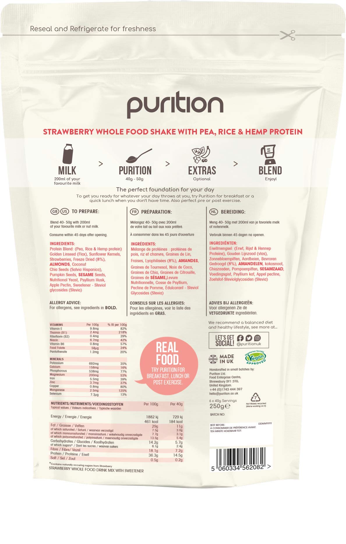 Purition Vegan Strawberry Dairy Free Natural Protein Powder for Keto Diet Shakes and Meal Replacements Shakes - 250g