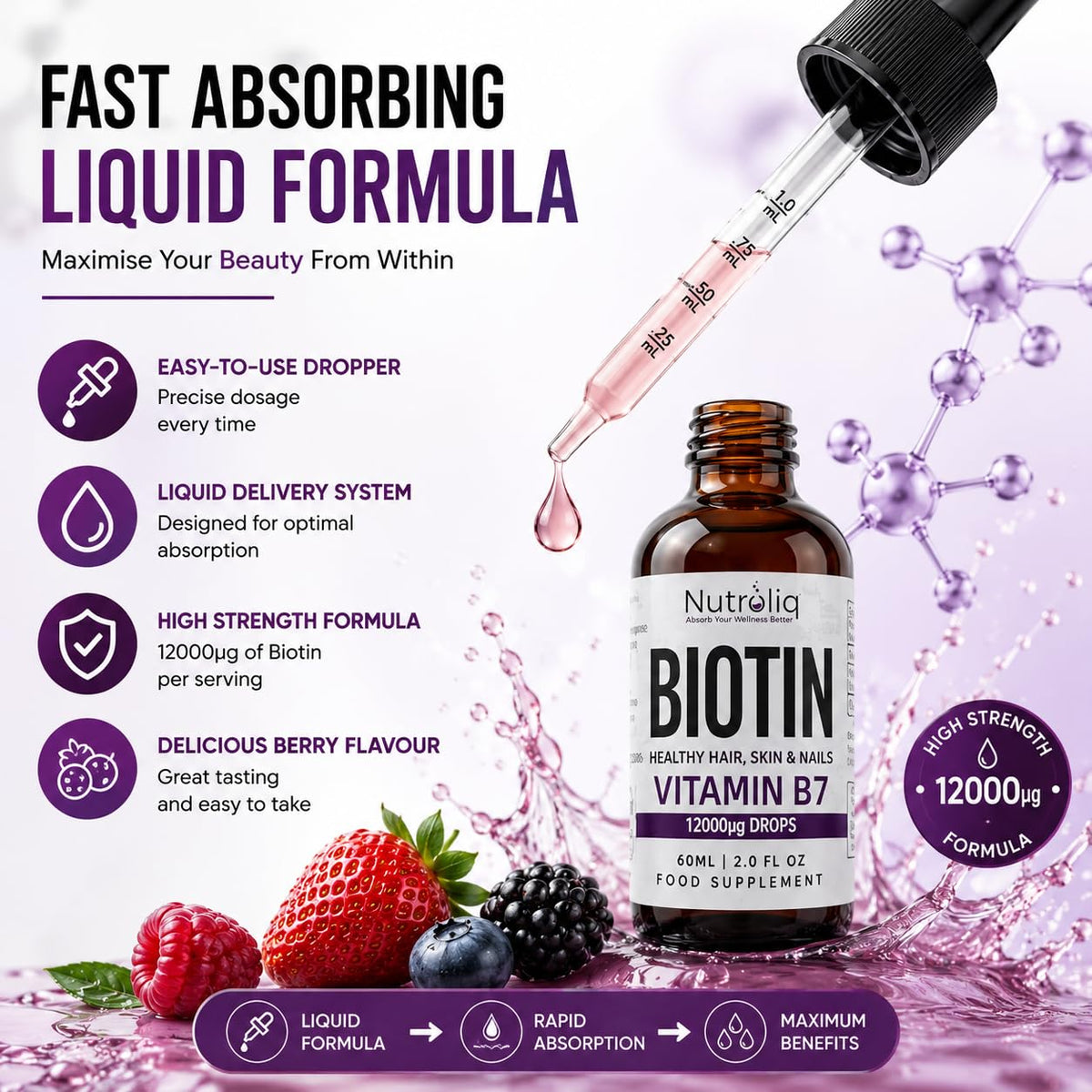 Nutroliq Absorb Your Wellness Better Nutroliq Biotin Liquid Drops - Vegan Vitamin B7 Dietary Supplement for Hair, Nail & Skin Health - Pure 12000mcg Biotin Drops for Hair Growth - Extra Strength Berry-Flavoured Vitamin H Serum - 60 ml