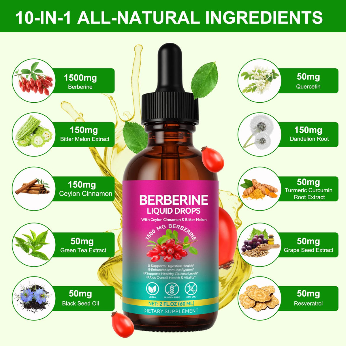 VOSIFSDIY Berberine Supplement with Ceylon Cinnamon, Berberine Liquid Drops with Turmeric Curcumin, Ceylon Cinnamon, Bitter Melon, Digestive Health Support, Immune Support, 60ml