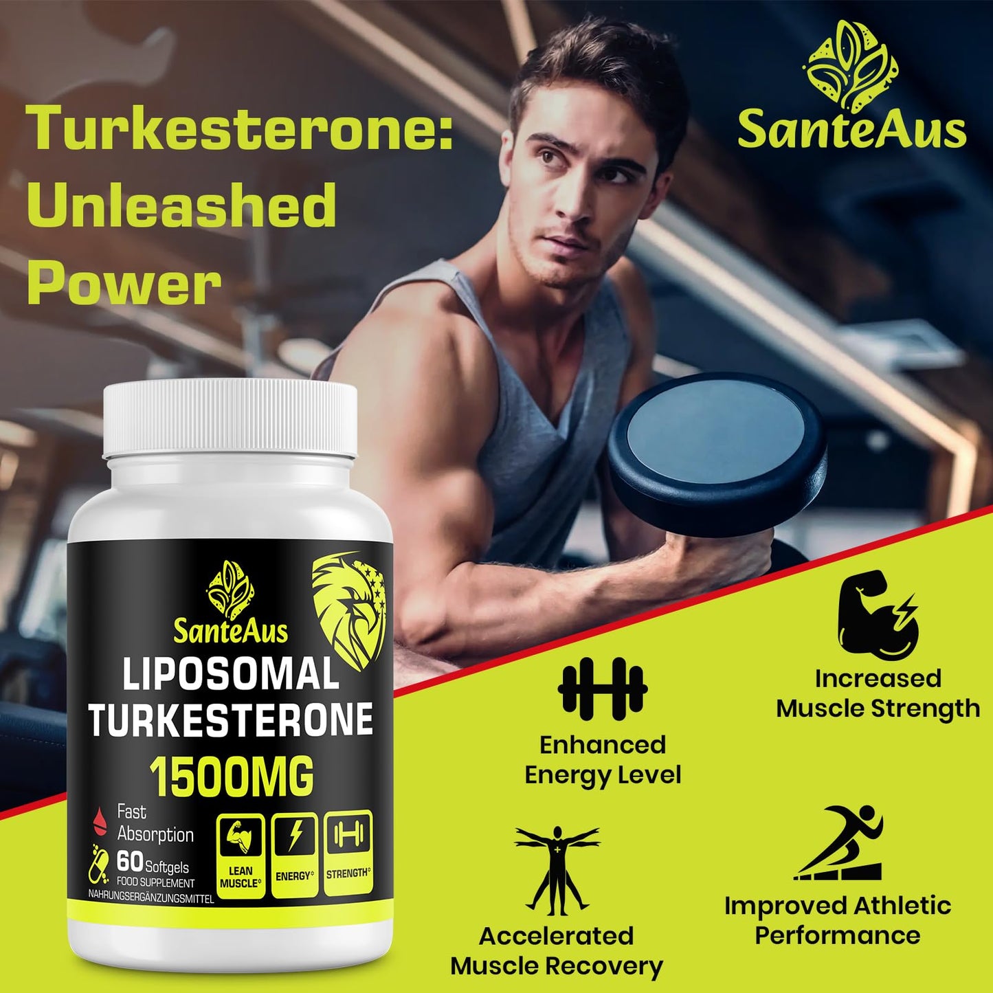 SanteAus Liposomal Turkesterone Capsules 1500mg Supplement,Max Strength Ajuga Turkestanica Extract,Standardized to 20% Turkesterone,Optimal Absorption,Muscle Growth & Recovery,Gluten Free,Fillers Free,2 Pack