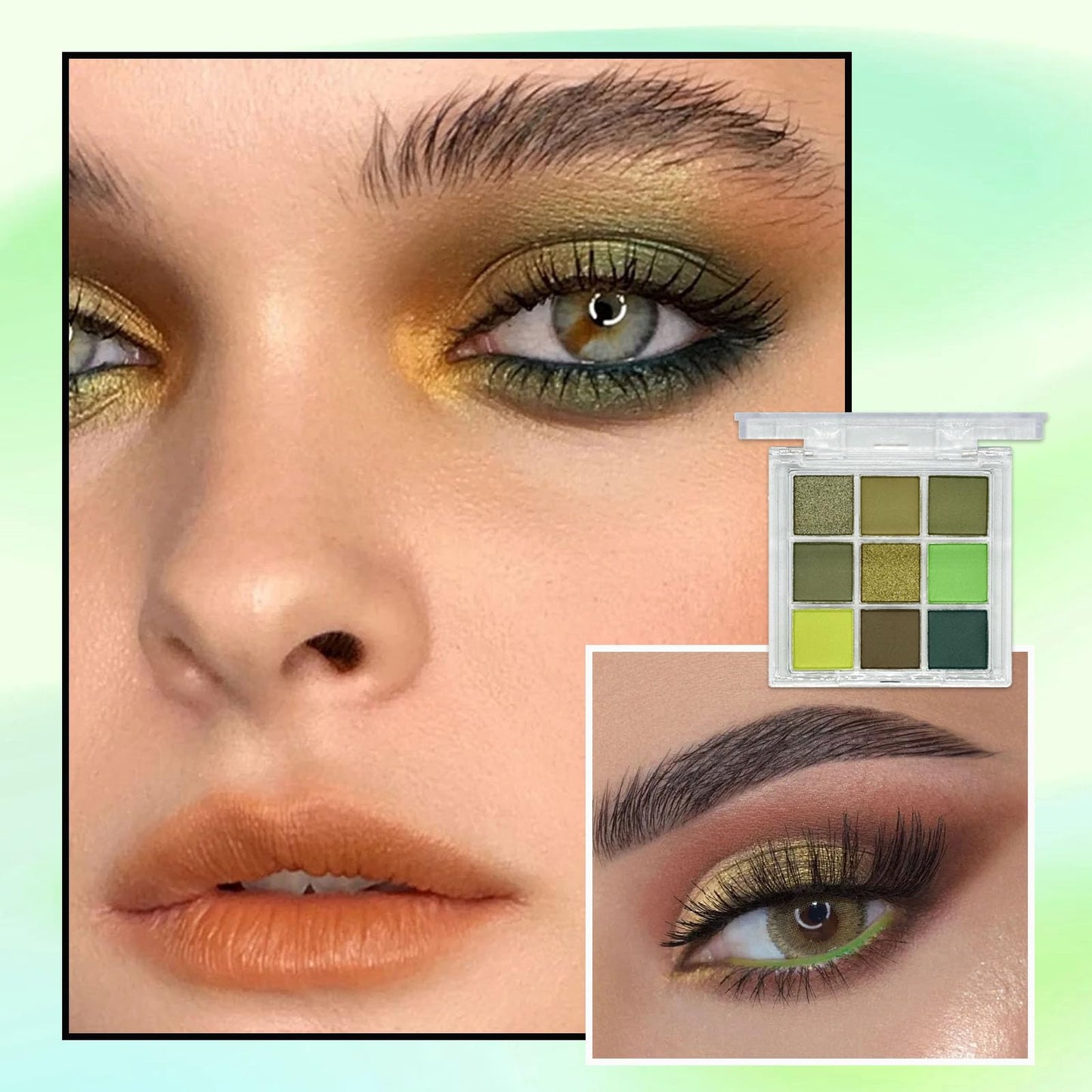 LYNTYAOU 9 Colour Eyeshadow Palette, Shimmer Matte Eye Shadow Smooth Pigmented Shimmering Cool Make-Up Palettes, Green Yellow Waterproof Longlasting Party Makeup Eye Shadow Pallets for Women