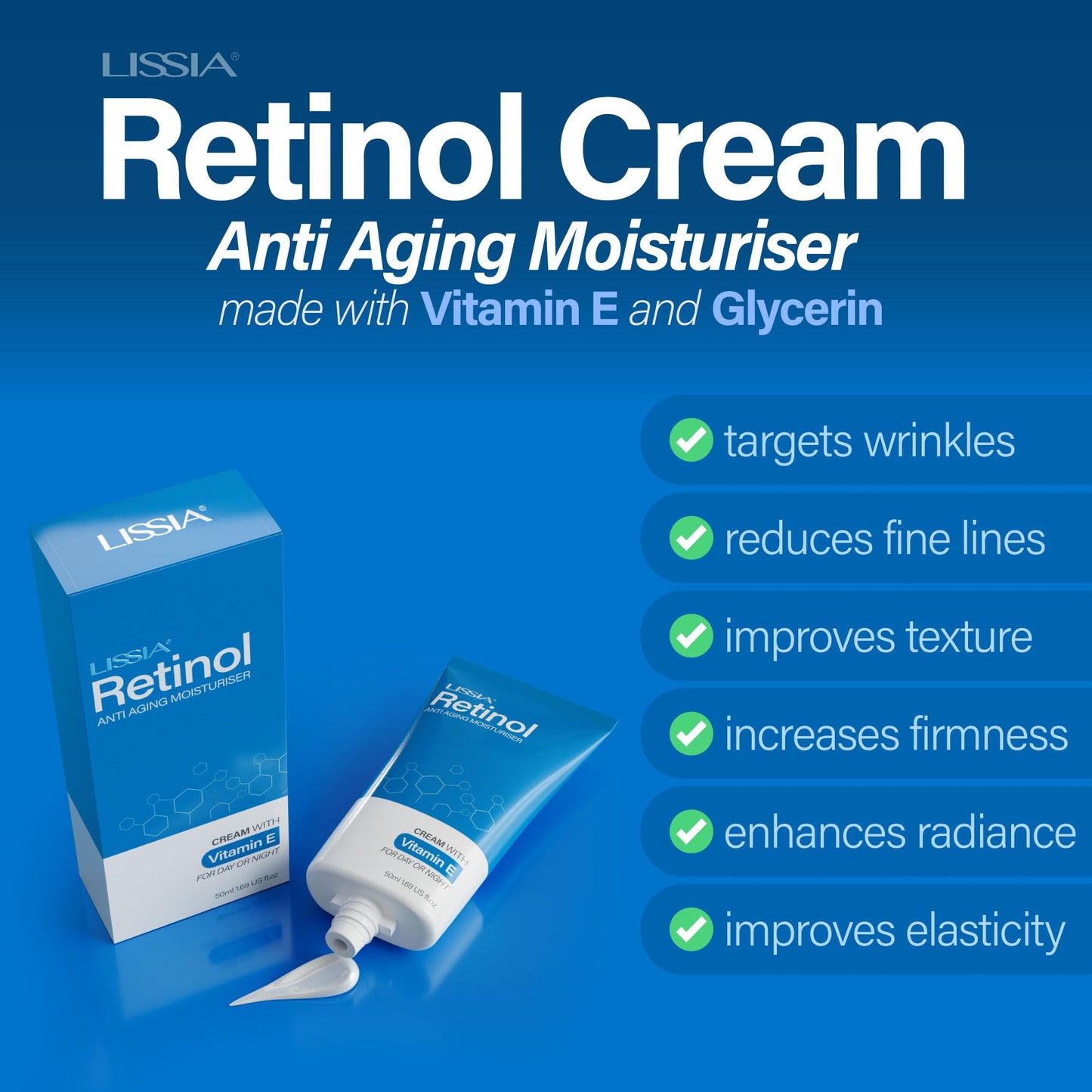 Retinol Cream | Anti aging face cream with Retinol, Antioxidant Vitamin E and Glycerin | Reduces wrinkles, brightens skin and improves elasticity | Fragrance free for sensative skin