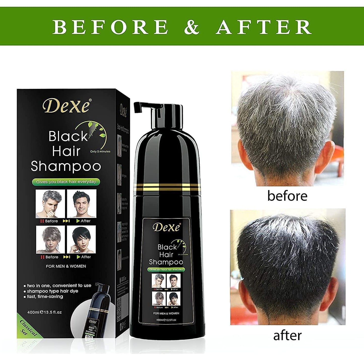 Dexe Black Hair Shampoo 400 ML Instant Hair Darkening Dye for Men Women Black Color - Easy to Use - Lasts 30 Days - Fast Acting Natural Ingredients