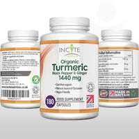 Organic Turmeric Curcumin 1440mg - 180 Premium Vegan Capsules - High Strength Quality Organic Turmeric Curcumin with Organic Black Pepper & Ginger