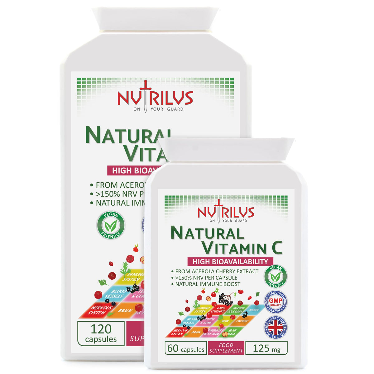 Nutrilus Natural Vitamin C Capsules from Acerola Cherry 500mg Extract - High Bioavailability Supplement - not Ascorbic Acid - Fruit and Herbs Extracts - not Tablets (120 Capsules)