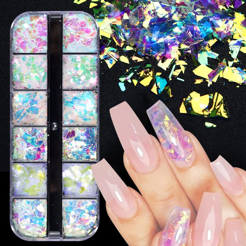 jmeowio Holographic Mermaid Nail Art Glitter Flakes JMEOWIO 12 Grids Holographic Nail Foil Gradient Bright Iridescent Ice Slag Nail Sequins Paillettes Summer Nail Art Decoration for Women Girls