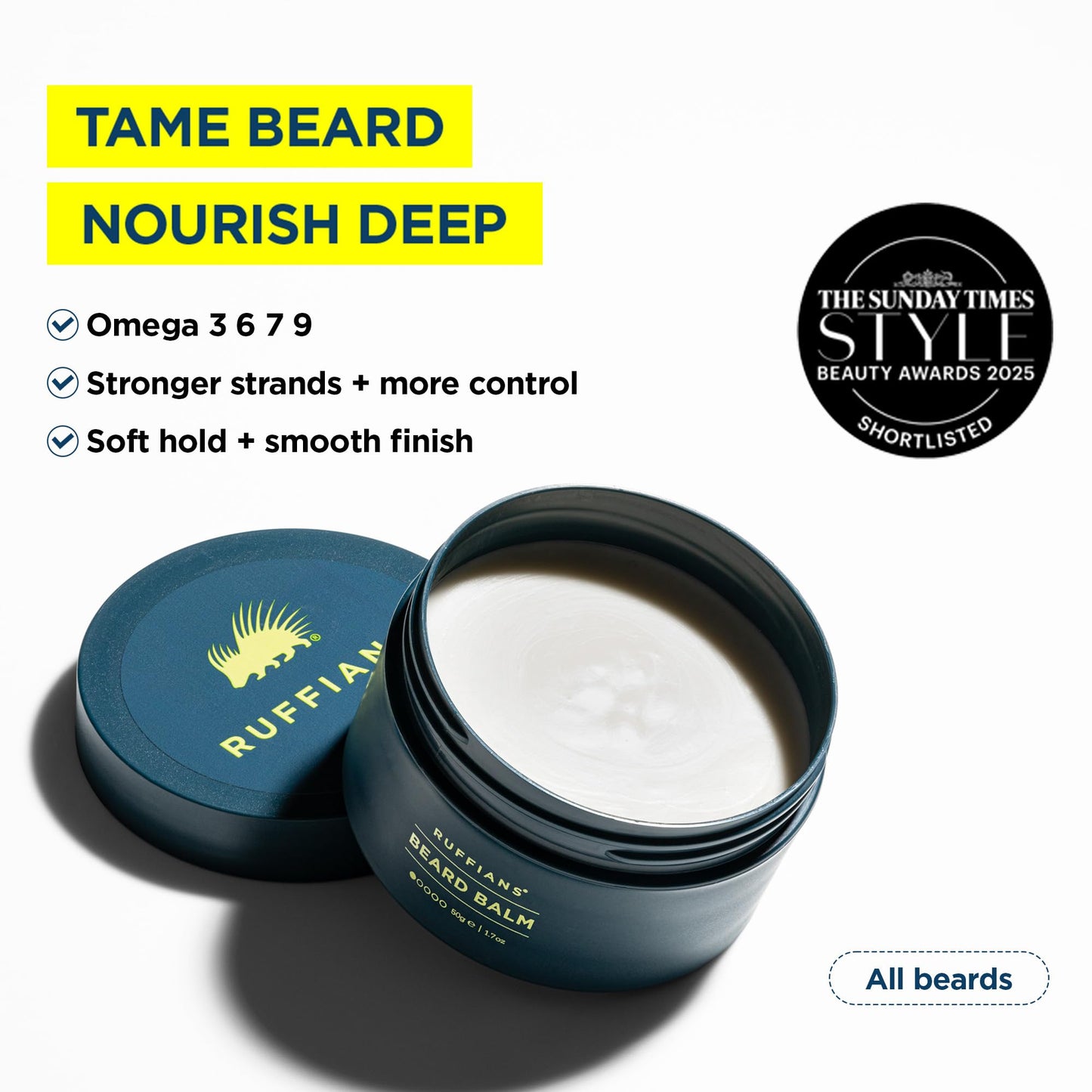 Ruffians Beard Balm (1.7 Oz Fl / 50 ML) Omega-Enhanced Conditioning Beard Solution, for Softness and Shine, Low Hold, Shapes and Conditions, for Mid and Long Beards