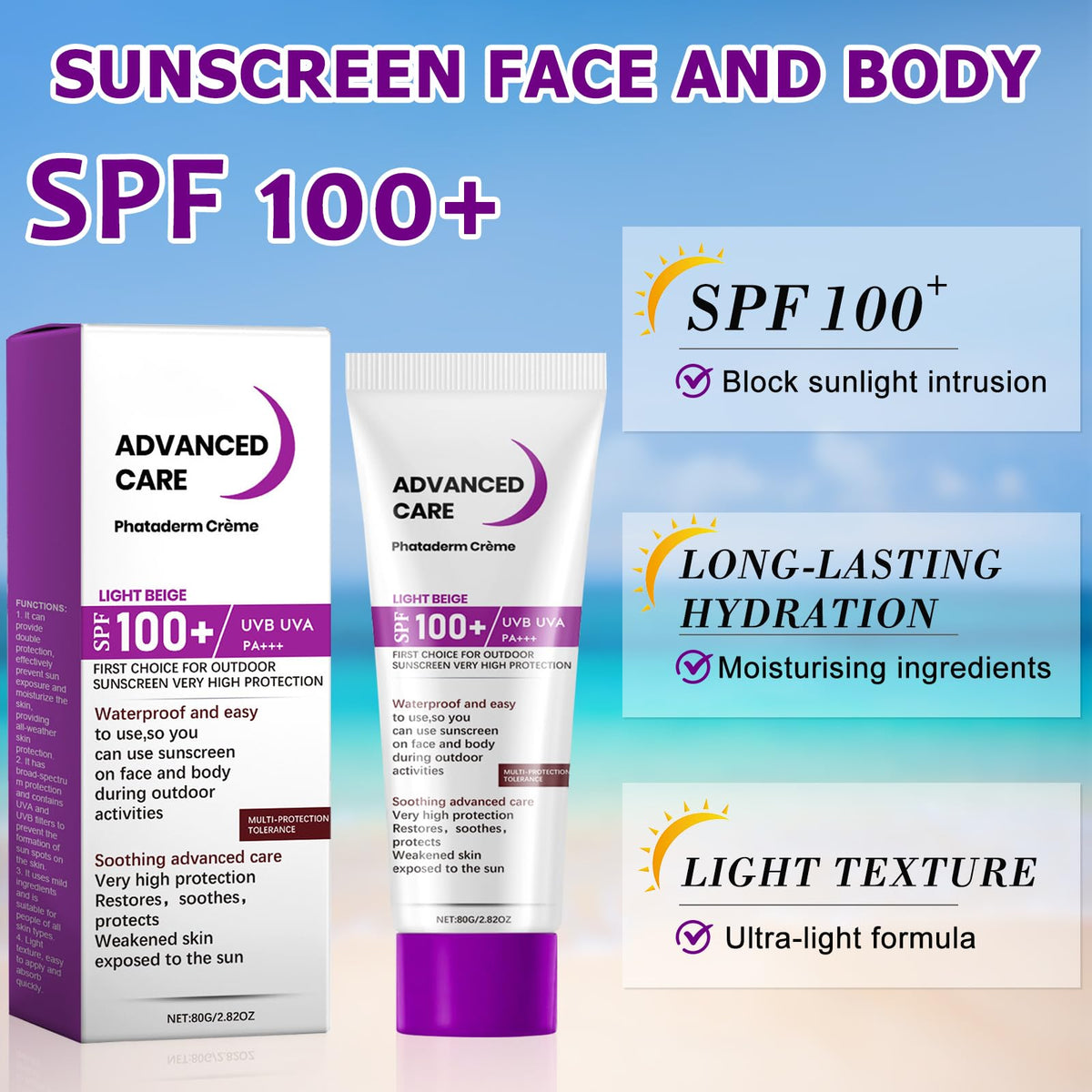 Muiefe 2Pcs Sunscreen SPF 100+, Sun Cream SPF 100 PA+++, Sunscreen Lotion For Body & Face, High Protection Against UVA & UVB, Water & Sweat Resistant, Non-Greasy, Long-Lasting Moisturizing Sun Care