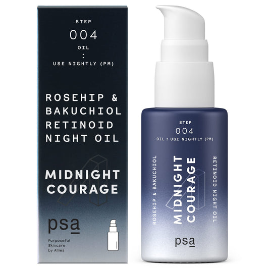 PSA MIDNIGHT COURAGE Rosehip & Bakuchiol Retinoid Night Oil. Facial Oil for Nighttime Skincare Routine with 2% Retinoid Complex, Organic Rosehip & Baobab Oil, Bakuchiol. 15 ml/ 0.5 oz