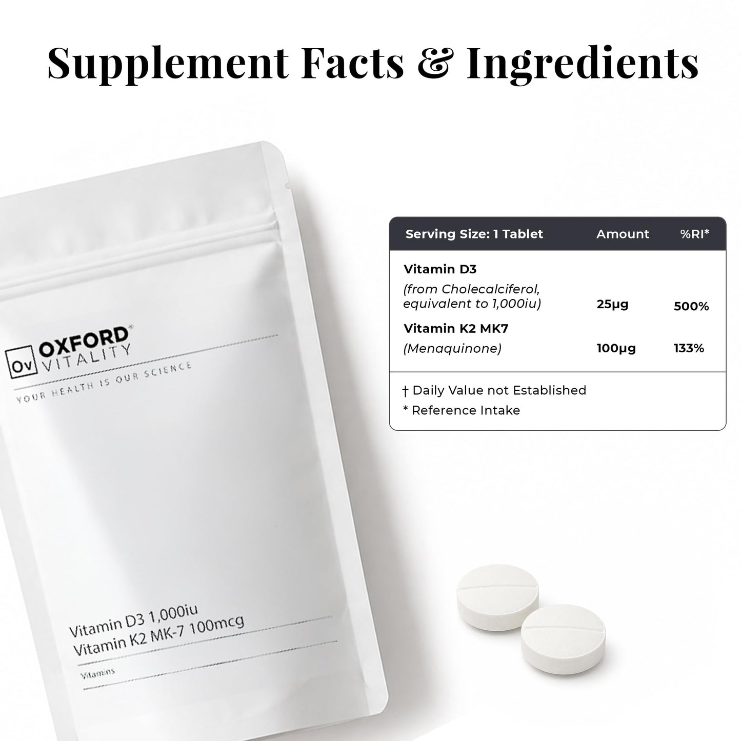Ov OXFORD VITALITY Oxford Vitality Vitamin D3 1000IU & K2 MK7 Tablets | Bone Support Supplement | Easy to Swallow Daily Vitamin D and K2 Tablets | Pack of 120