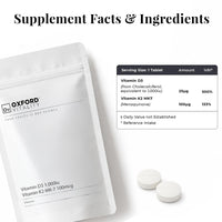 Ov OXFORD VITALITY Oxford Vitality Vitamin D3 1000IU & K2 MK7 Tablets | Bone Support Supplement | Easy to Swallow Daily Vitamin D and K2 Tablets | Pack of 120