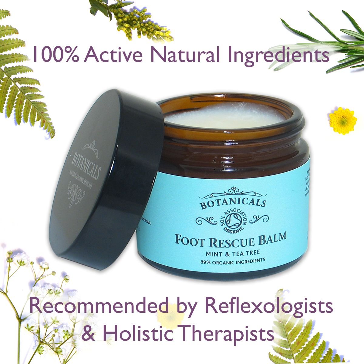 Botanicals Rescue Foot Balm for Cracked Heels, Dry Skin, Anti-fungal Vegan Organic Repair Cream for Athletes Foot Treatment, Diabetics, Mint & Tea Tree