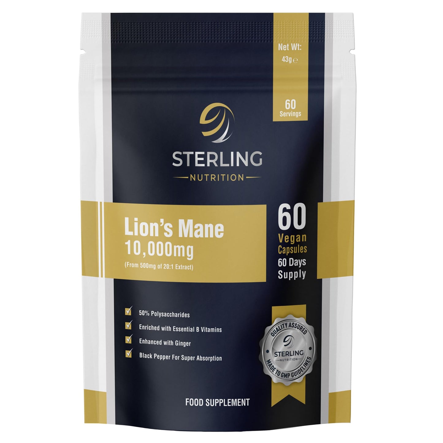 Extra Strength Lions Mane Tablets - Vegan Capsules for Adults, Pack of 60 Supplements (2 Months) | High Strength 10000mg, B Vitamins, Black Pepper & Ginger to Support Brain Health | STERLING NUTRITION