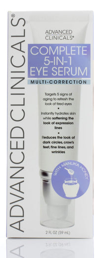 Advanced Clinicals 5-in-1 Multi Correction Anti-Aging Eye Serum with Retinol, Collagen, Vitamin C, and Manuka Honey. For dark circles, wrinkles, crow's feet, fine lines. Large 2oz airless tube.
