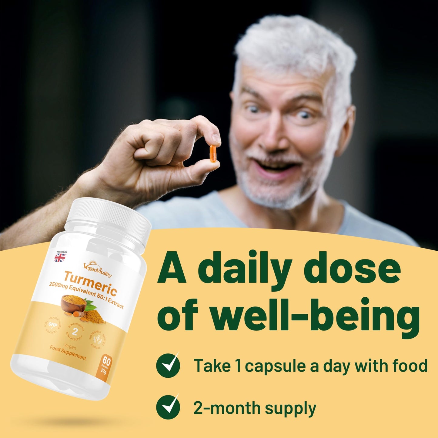 Vegan Vitality Turmeric and Ginger and Black Pepper Capsules, Turmeric Supplement 2,500mg, Ginger 500mg, 92% Curcumin Turmeric Capsules High Strength, Joint Supplement, 2 Months Supply, Vegan, GMP