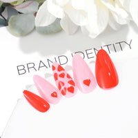 Sethexy Valentine's Day Almond False Nails Love Heart Stiletto Stick on Nails Pink Fake Nails 24Pcs Acrylic Art Press on Nails for Women and Girls