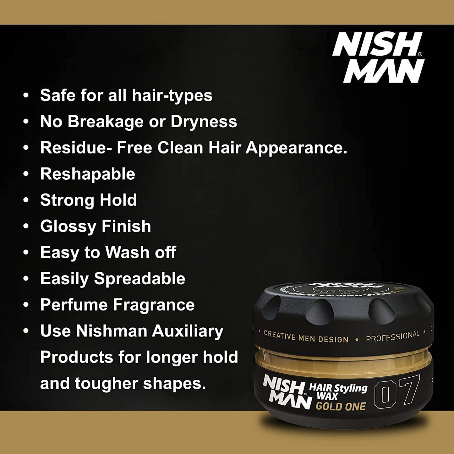 Nish Man Hair Styling Gel, Hair Wax for Men, 07 Gold One, 150 ml | Shine Look | Edge Control | Ultra High Strong Hold | Hair Clay Aqua Wax | Wax Stick Hair | Men's Hair Gel (07 Gold One)