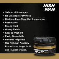 Nish Man Hair Styling Gel, Hair Wax for Men, 07 Gold One, 150 ml | Shine Look | Edge Control | Ultra High Strong Hold | Hair Clay Aqua Wax | Wax Stick Hair | Men's Hair Gel (07 Gold One)