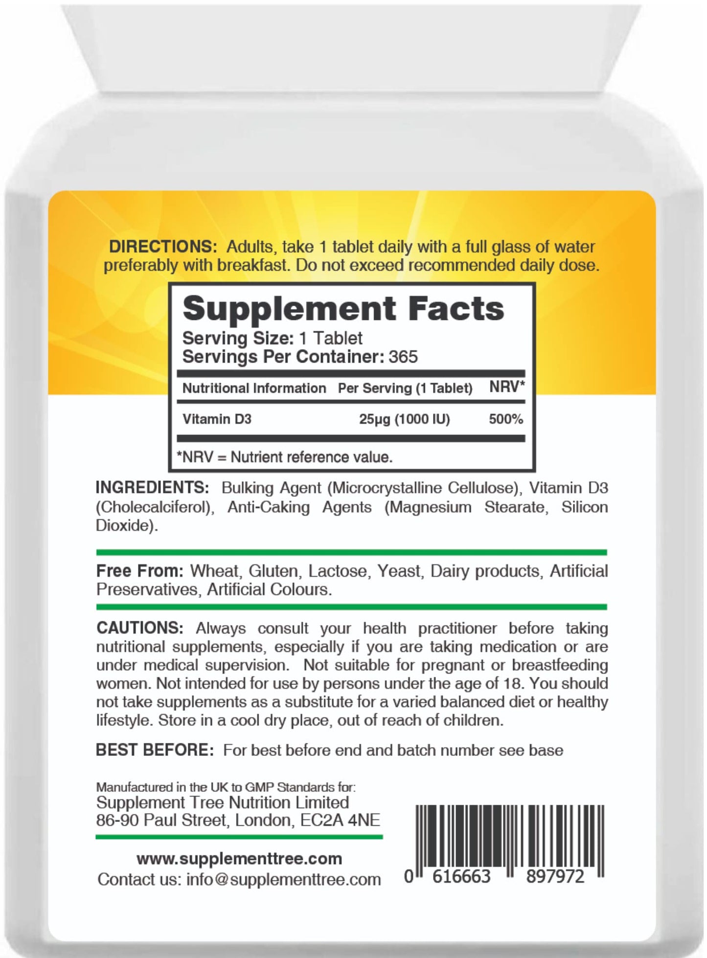 Vitamin D 1000IU 365 Vegetarian Tablets | Optimum Strength Cholecalciferol Vitamin D3 Supplement | UK Manufactured