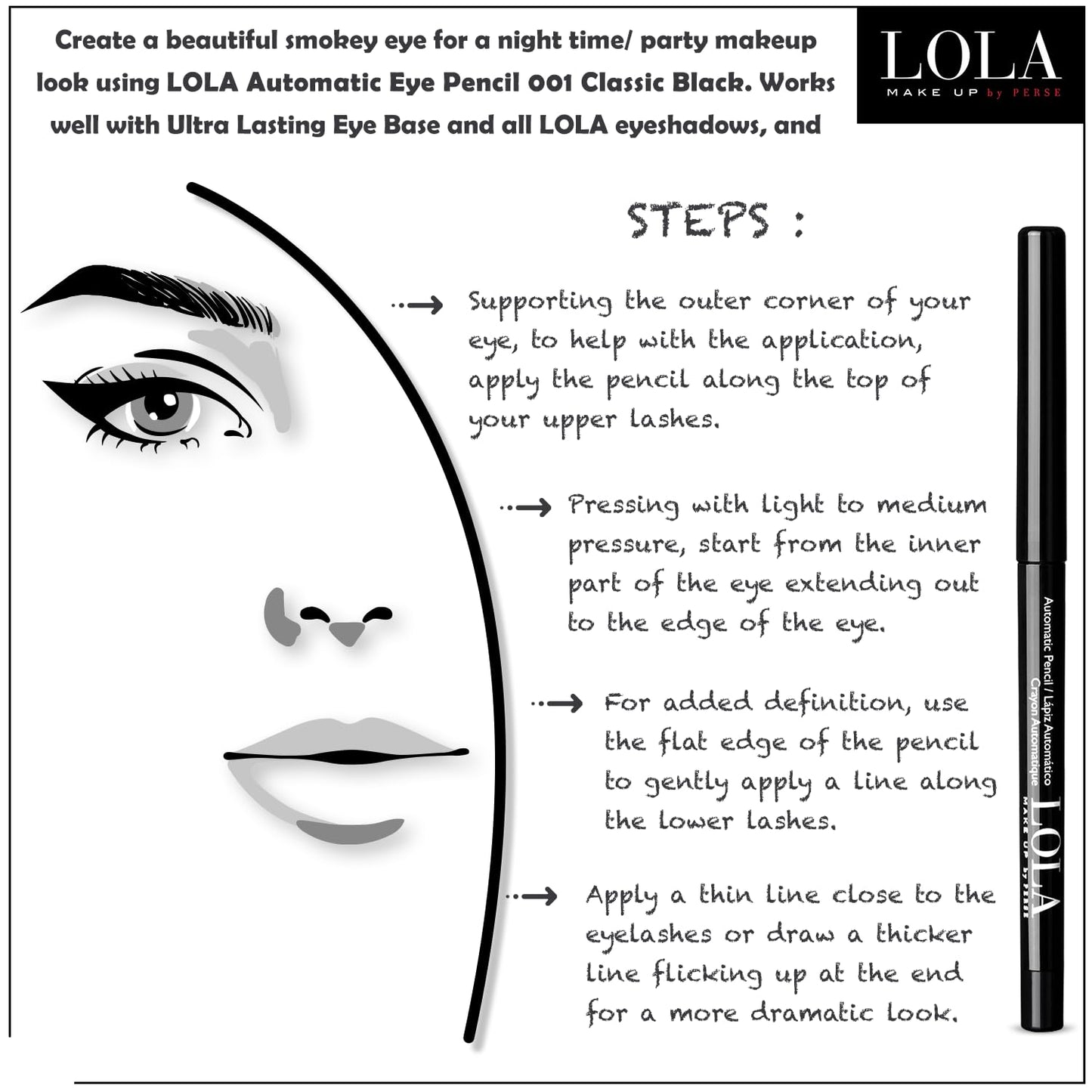 Lola Make Up by Perse LOLA Make Up Automatic Eye Pencil Beauty|Eye Pencil for Smokey Eye|Water-Resistant & Smudge Proof|Long-Lasting| - (001 Classic Black)