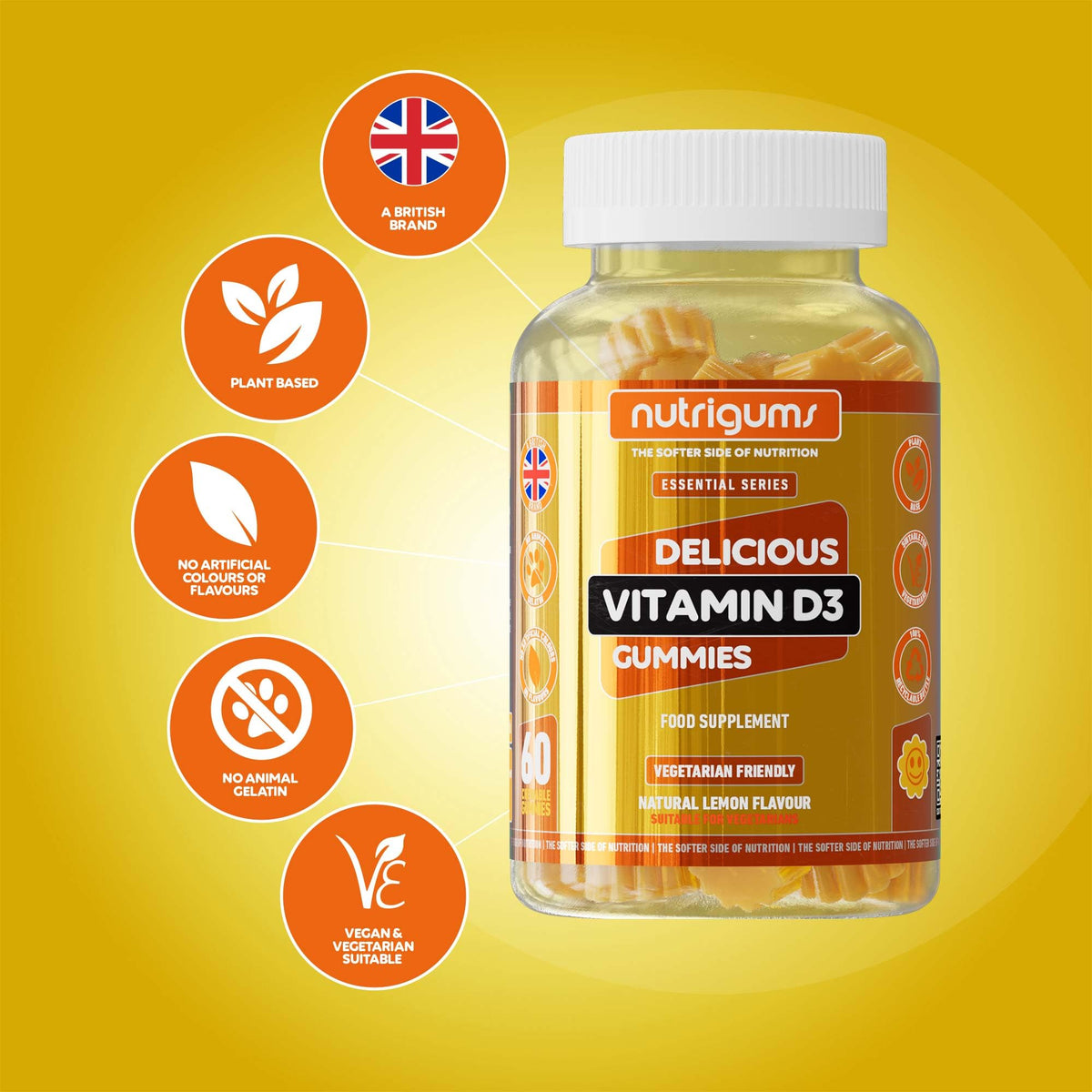 Nutrigums Vitamin D3 1000iu Gummy | High Strength | 60 Vegan Gummies | Suitable for 12+ Years | Lemon Flavour | Immune, Bones & Muscle Support by NUTRIGUMS®