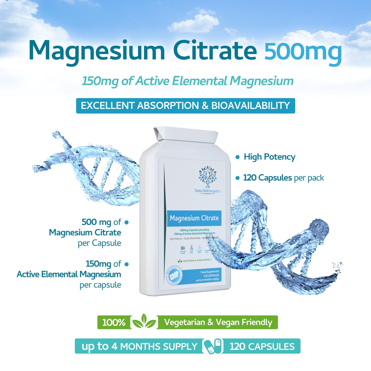swiss bioenergetics Magnesium Citrate 500mg 120 Capsules - Providing 150mg of Active Elemental Magnesium - High Potency - Easily Absorbable - Highly Bioavailable - UK Manufactured