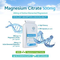 swiss bioenergetics Magnesium Citrate 500mg 120 Capsules - Providing 150mg of Active Elemental Magnesium - High Potency - Easily Absorbable - Highly Bioavailable - UK Manufactured