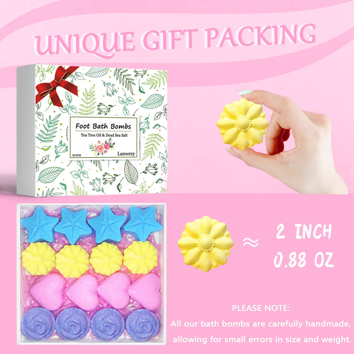 Lanwexy Bath Foot Bombs, 16 Pack Foot Soak with Bath Salt and Tea Tree Oil. Organic Natural Handmade Aroma Pure Essential Oil Bubble Foot Balls for Foot Callus, Dry Cracked, Stubborn Foot Odor Scent.
