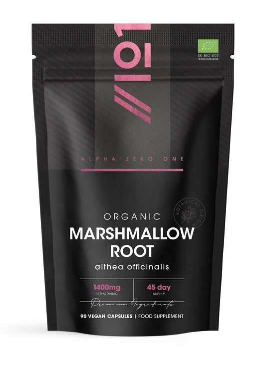 ALPHA01 Organic Marshmallow Root 1400mg - 90 Vegan Capsules - Potent Althea Officinalis Supplement - 45 Day Supply - Resealable and Recyclable Pouch - By Alpha01