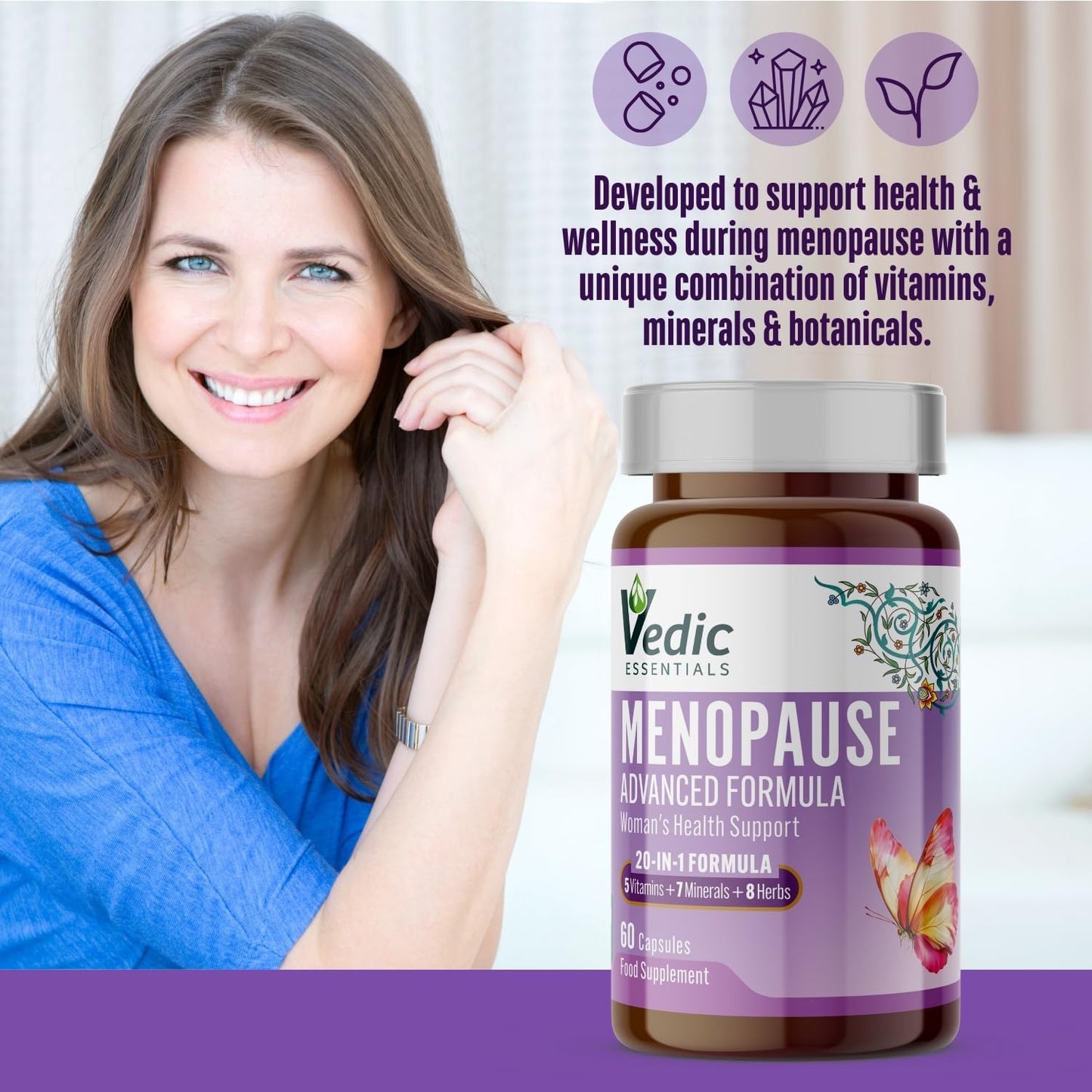 Vedic Essentials Vedic Menopause Supplement | 20 Vitamins, Minerals & Herbs Like Red Clover, Sage, Primrose, Flaxseed, Ginseng | Menopause Support -for Fatigue, Hot Flashes, Mood Swings | UK Made, Vegan, 60 Capsules