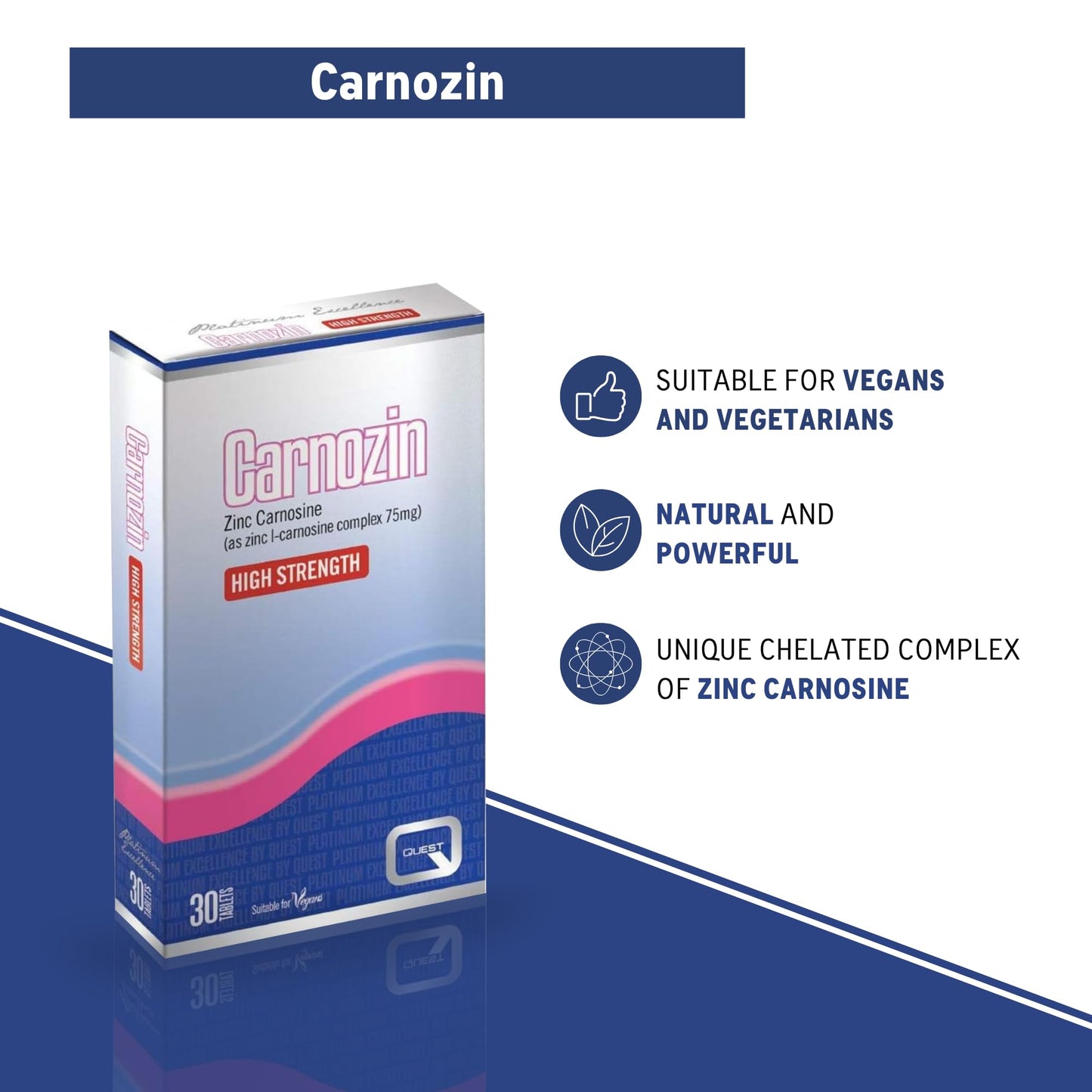 Quest Carnozin (Pack of 30) - Zinc Carnosine Complex Supplement for Gastro Protection & Healing (75mg per Tablet). High Strength Anti-Inflammatory Tablets. Suitable for Vegans.